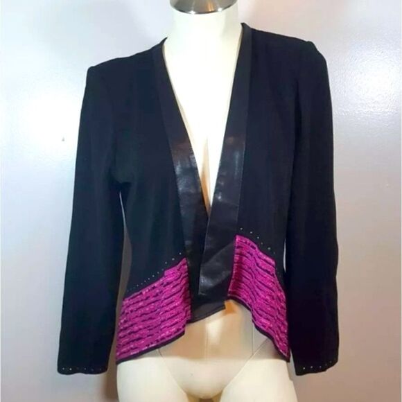 Ming Wang Knit Jacket‎ Cardigan Black Purple Faux Leather Trim PS Petite S - Picture 1 of 3